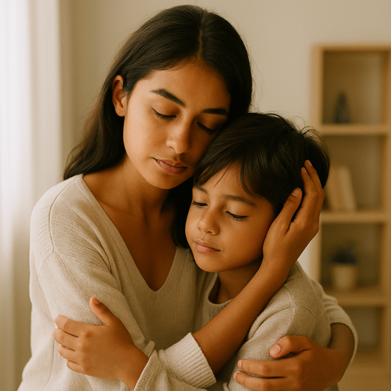 “A mother gently holding her child, both with eyes closed, expressing emotional safety and connection.”